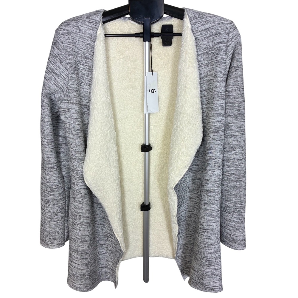 NWT UGG Gray Heather Sherpa‎ Lined Open Front Cardigan Wrap Sweater Womens Small